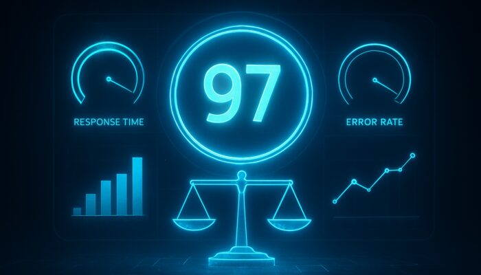 Futuristic holographic dashboard aggregating glowing metrics into central system quality number with balancing scales.