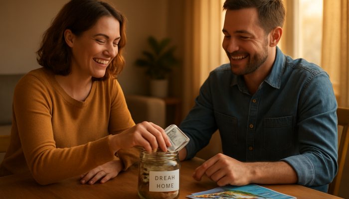 Joyful couple splitting work bonus between dream home savings jar and holiday brochures on wooden table