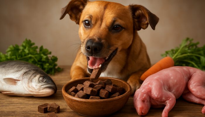 Joyful dog enjoying hypoallergenic duck and venison treats beside fish and rabbit on rustic table