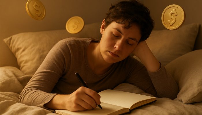 Tired individual resting in bed drafting a gentle debt repayment plan in journal with warm golden light