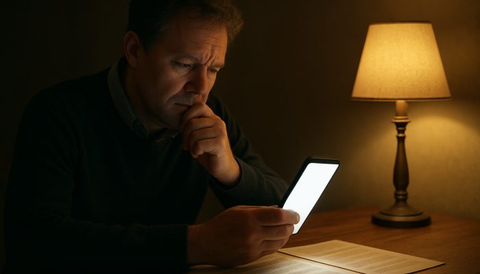 comparing new offers with past mistakes: Valuable Lessons | DCL Thoughtful UK consumer comparing glowing smartphone contract with past agreements at wooden desk