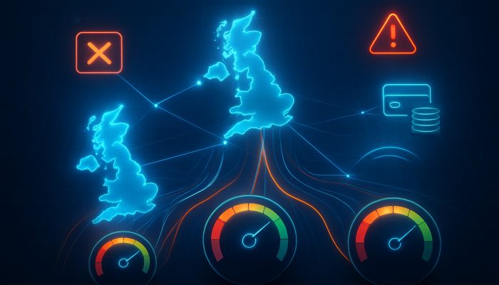 Futuristic digital web linking UK credit agencies Experian, Equifax, TransUnion with score meters and payment alerts