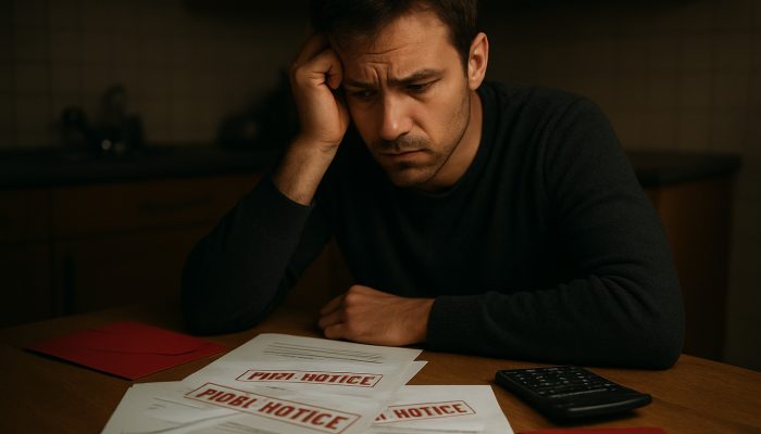 Worried person at dim table with overdue gas, electricity and water bills stamped final notice