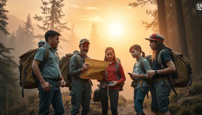 Diverse first-time explorers at misty forest edge, consulting map and compass, wearing backpacks and safety gear under golden dawn.