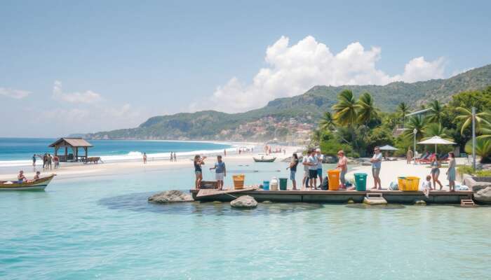 Tourists sorting waste into eco-bins, observing wildlife from afar, and using renewable energy amidst pristine coastal beaches and clear blue waters.