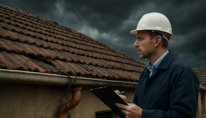 Professional inspector examining cracked roof and exposed wires on an old South African home in Springs under a stormy sky.