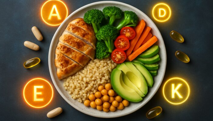 Balanced plate featuring sections of protein, carbohydrates, and fats beside supplement capsules and vitamin icons.