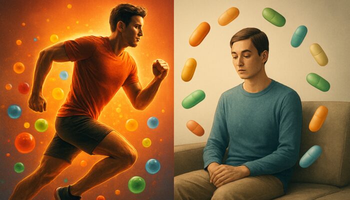 Illustration splitting an energetic athlete with antioxidant multivitamins next to a calm sedentary figure with nutrient capsules.