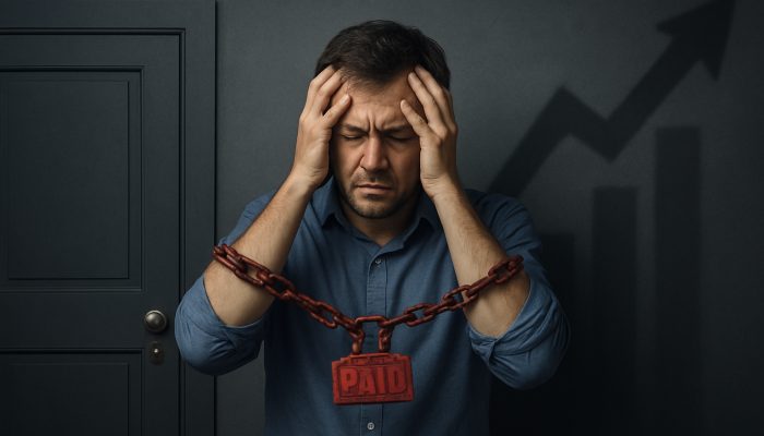 Stressed borrower restricted by missed payments before closed mortgage and loan doors with escalating insurance costs