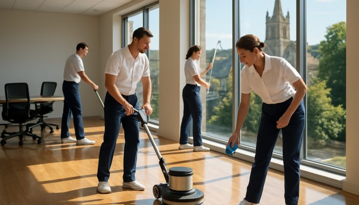 Professional cleaners maintaining spotless floors and windows in a bright office in Crewkerne.