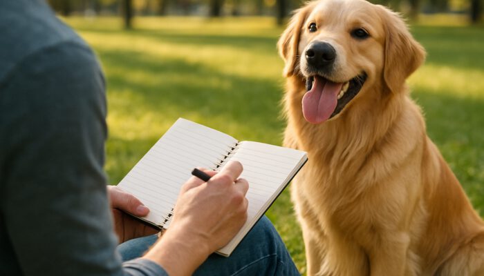 Owner logs golden retriever's exercise in notebook at sunny park while the dog pants eagerly.
