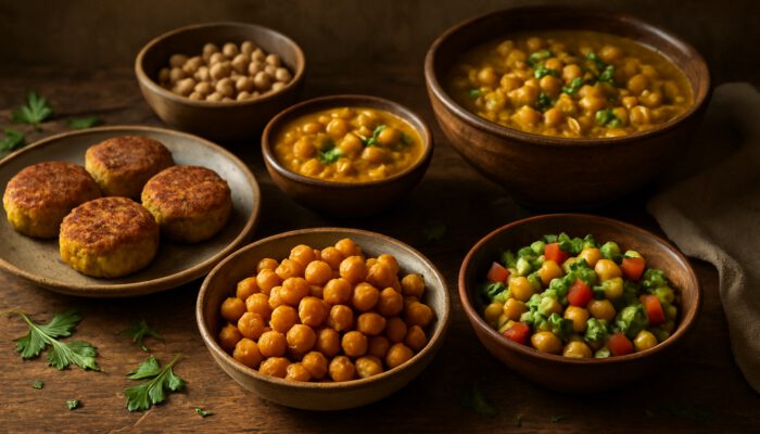 Rustic counter with roasted chickpeas, falafel, salad, and curry bowls in sunlight.
