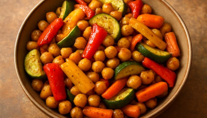 Vibrant bowl of golden roasted chickpeas with bell peppers, zucchini, and carrots.