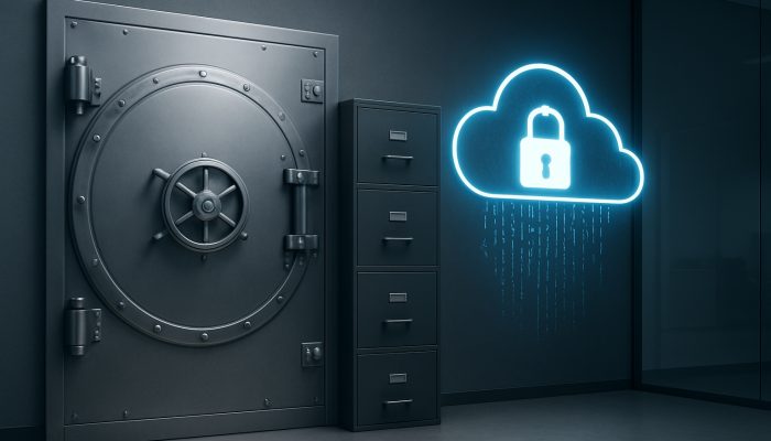 Secure vault with locked filing cabinets and glowing encrypted cloud for settlement documents