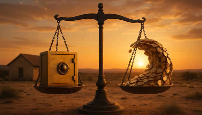 Charming Beaufort West home: secure for fixed rates, a wave of coins for variable rates, under a balancing scale at sunset.