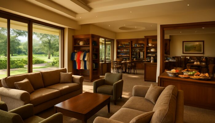 Spacious sunlit lounge and pro shop at Bronkhorstspruit Golf Club with plush seating and local cuisine.