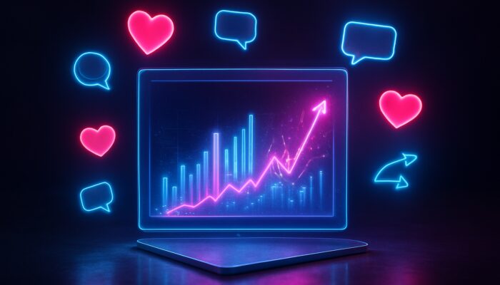Futuristic holographic dashboard showcasing orbiting hearts, speech bubbles, and vibrant engagement charts for marketers.
