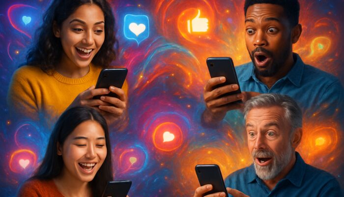 Lively collage of diverse individuals sharing captioned short videos on smartphones with social media icons.