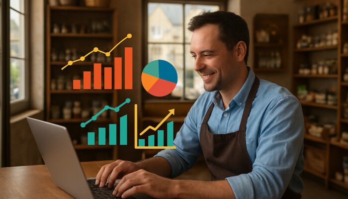 Small business owner in Tidworth examining an analytics dashboard with engagement graphs within their shop