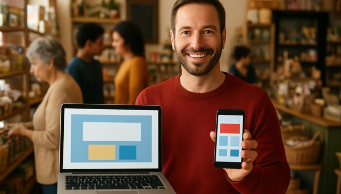 Shop owner in Tidworth showcasing a mobile-optimised website on a laptop while engaging with customers on a smartphone.