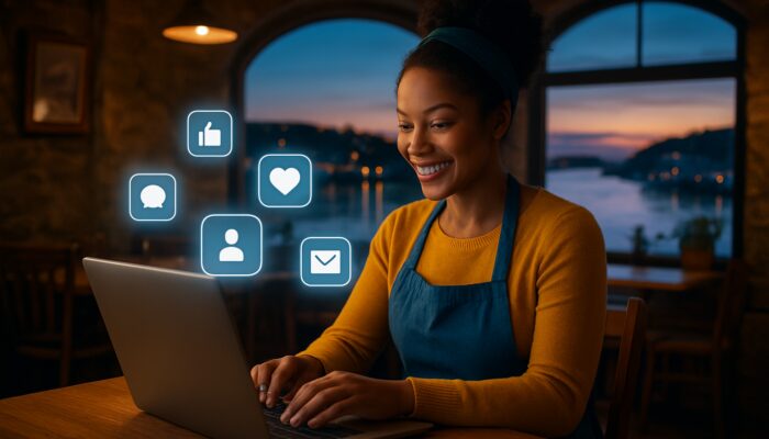 Small business owner managing social media on laptop in Kingsbridge coastal cafe overlooking glowing Devon estuary at dusk