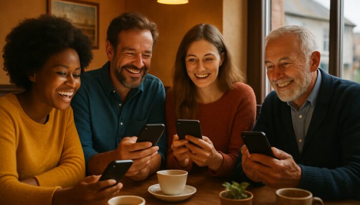Kingsbridge locals smiling in cosy cafe during live social media Q&A on smartphones