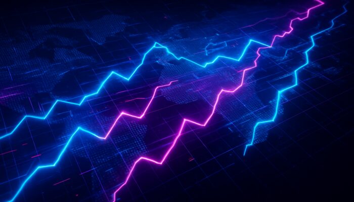 Neon lightning bolts as HFT algorithms racing across dark global stock exchange grid in milliseconds.