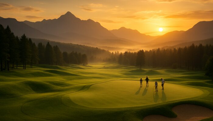 Golfers on lush Sabie Country Club fairways with Drakensberg mountains at golden Mpumalanga sunset