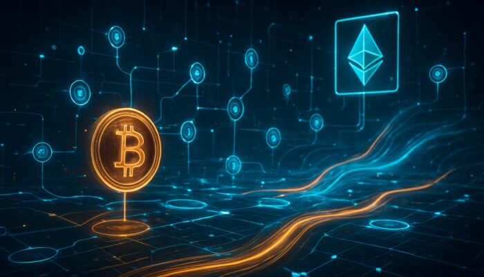 Cyberpunk DeFi interface with glowing crypto tokens flowing through yield aggregator nodes and smart contracts.