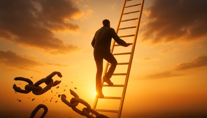 Individual climbing a golden credit score ladder, breaking free from debt chains towards a financial sunrise.
