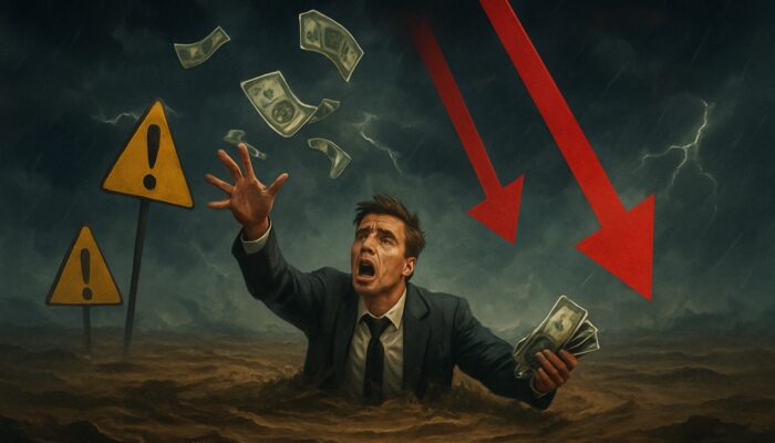 Investor struggling financially while investing in declining stock arrows amidst warning signs.