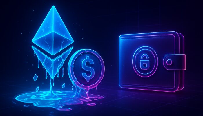 DeFi liquidity pool with fracturing Ethereum and USDC tokens beside secure wallet in neon void