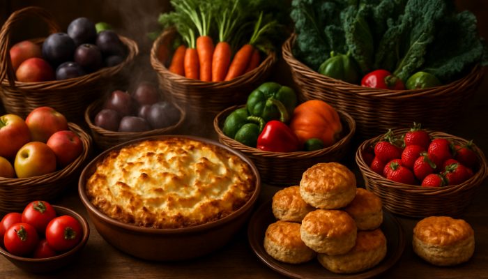 Rustic table featuring steaming shepherd’s pie, golden scones, and baskets of British seasonal fruits and vegetables.