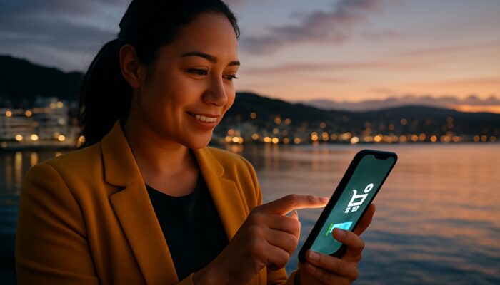E-Commerce Marketing in Wellington: Entrepreneur using Shopify mobile app on smartphone by New Zealand harbour at dusk