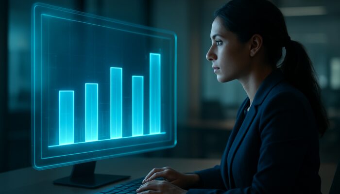 Marketer evaluating a holographic dashboard that displays glowing bar charts comparing video ad engagement rates to industry benchmarks.