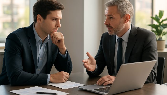 Businessperson consulting banker about financial plans at a desk in a sunlit modern office