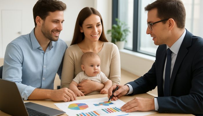 Young family with baby reviews savings charts with a banker in a modern office.