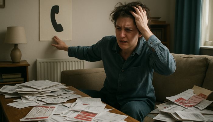 Stressed individual in a cluttered UK flat reaching for a gambling helpline poster amidst unpaid bills and betting slips.