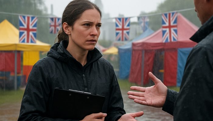 Event organizer negotiating contracts at rainy London festival with colorful tents and Union Jack banners