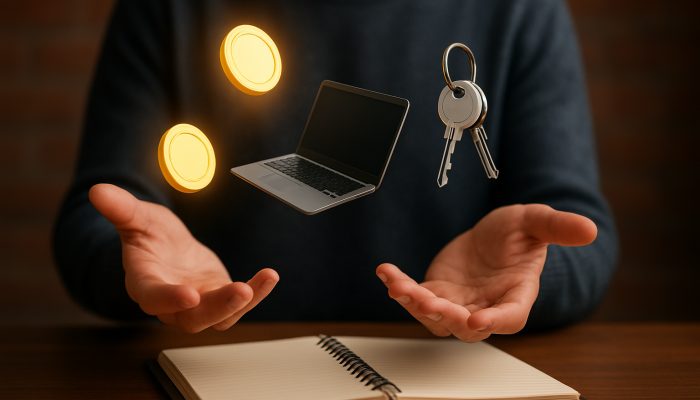 Person juggling salary coins, freelance laptop, and rental keys into budget planner for financial stability.