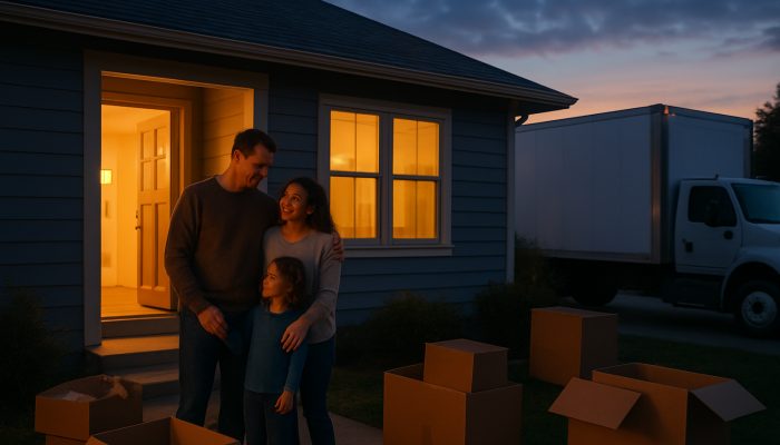 Family unpacks in modest downsized home at dusk with moving truck outside.