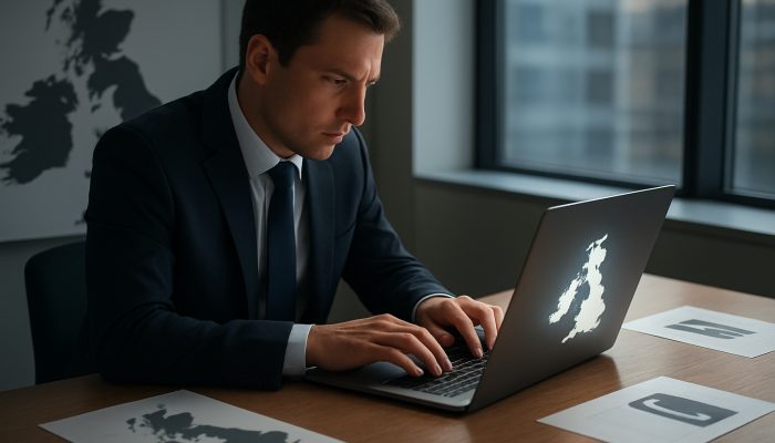 Professional double-checking firm contact details on laptop in modern London office with maps and documents