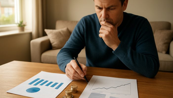 Homeowner comparing UK remortgage and loan costs with keys, coins, and charts on table