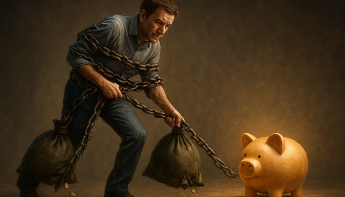 Worried homeowner chained by early repayment charges drags leaking money bags from glowing savings pot.