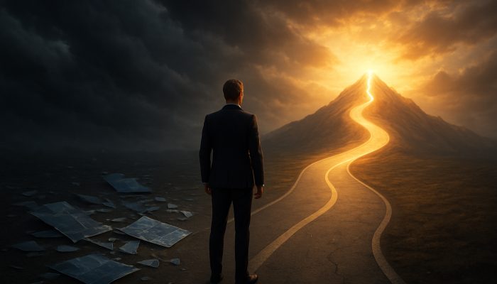 Determined professional at crossroads transforming shattered blueprints into luminous roadmap toward sunlit success