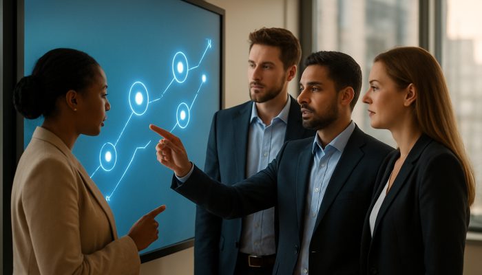 Diverse UK professionals mapping measurable goals on digital board in sleek London office